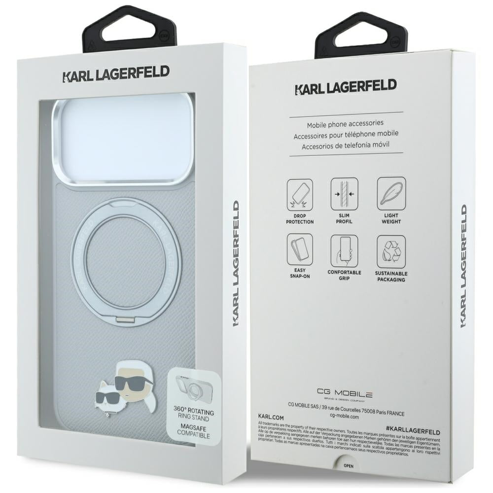 Husa MagSafe pentru Apple iPhone 18 Pro / 17 Pro, Karl Lagerfeld, Ring Stand 360 Karl & Choupette Pin, Gri