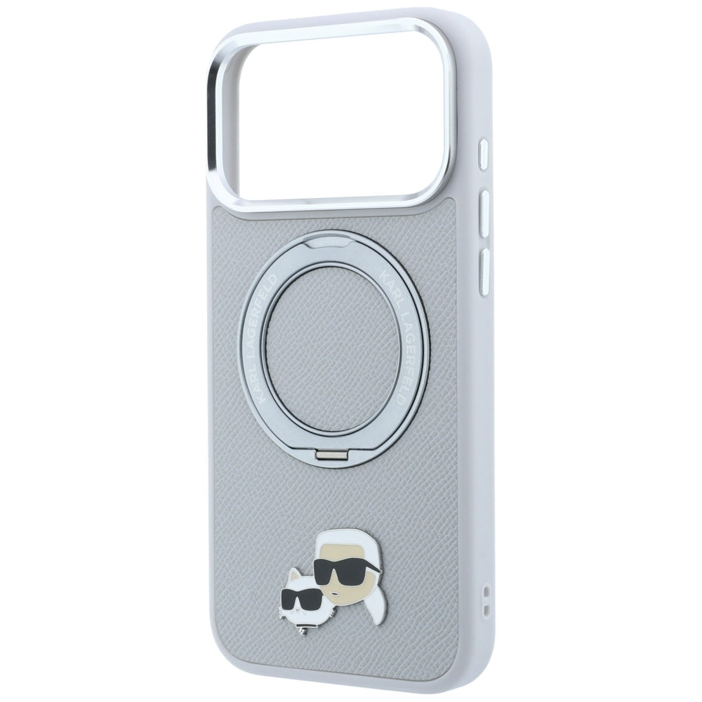 Husa MagSafe pentru Apple iPhone 18 Pro / 17 Pro, Karl Lagerfeld, Ring Stand 360 Karl & Choupette Pin, Gri