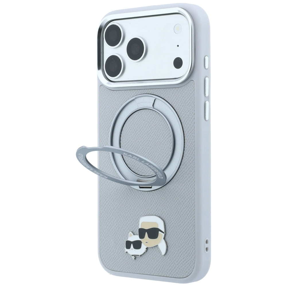 Husa MagSafe pentru Apple iPhone 18 Pro / 17 Pro, Karl Lagerfeld, Ring Stand 360 Karl & Choupette Pin, Gri