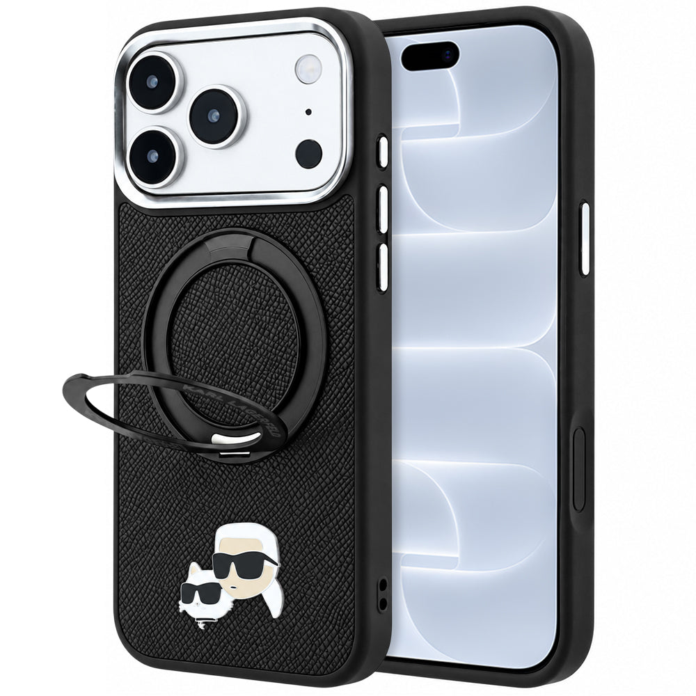 Husa MagSafe pentru Apple iPhone 18 Pro / 17 Pro, Karl Lagerfeld, Ring Stand 360 Karl & Choupette Pin, Neagra