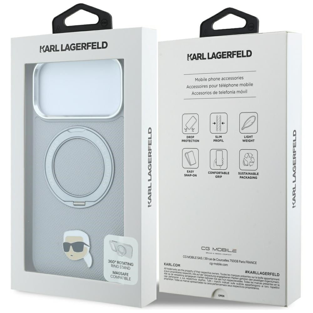 Husa MagSafe pentru Apple iPhone 18 Pro / 17 Pro, Karl Lagerfeld, Ring Stand 360 Karl Pin, Gri