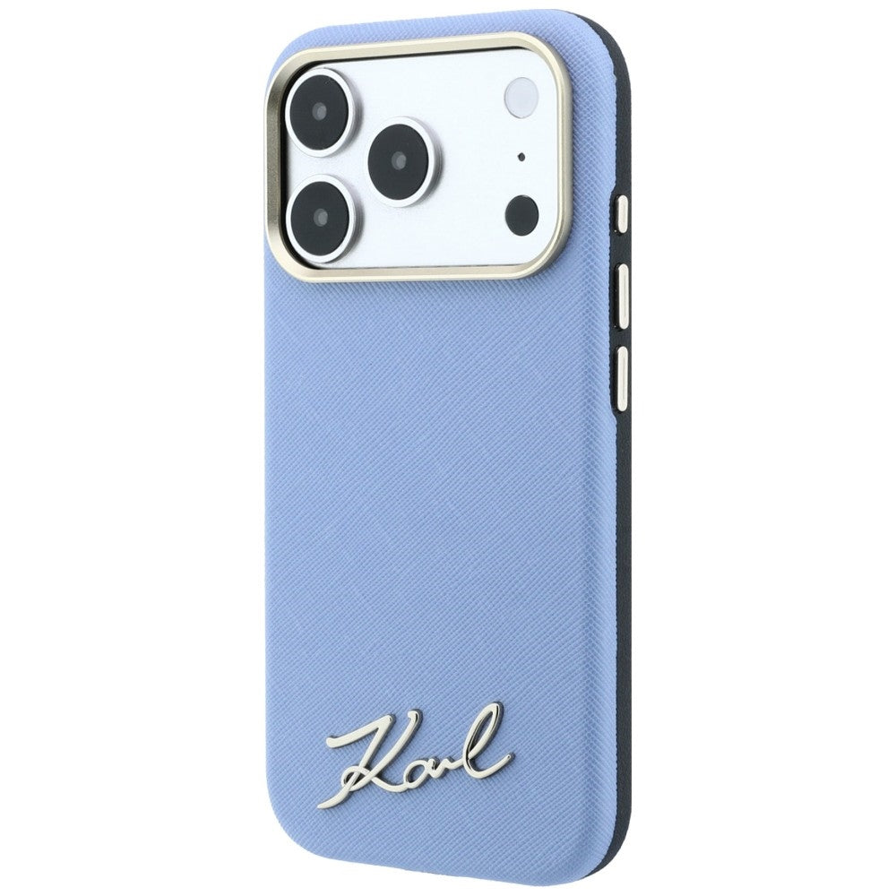 Husa MagSafe pentru Apple iPhone 18 Pro / 17 Pro, Karl Lagerfeld, Saffiano Small Script Metal Logo, Bleu