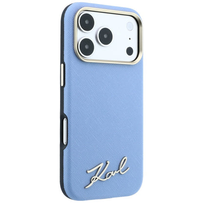 Husa MagSafe pentru Apple iPhone 18 Pro / 17 Pro, Karl Lagerfeld, Saffiano Small Script Metal Logo, Bleu