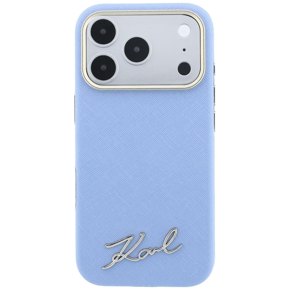Husa MagSafe pentru Apple iPhone 18 Pro / 17 Pro, Karl Lagerfeld, Saffiano Small Script Metal Logo, Bleu