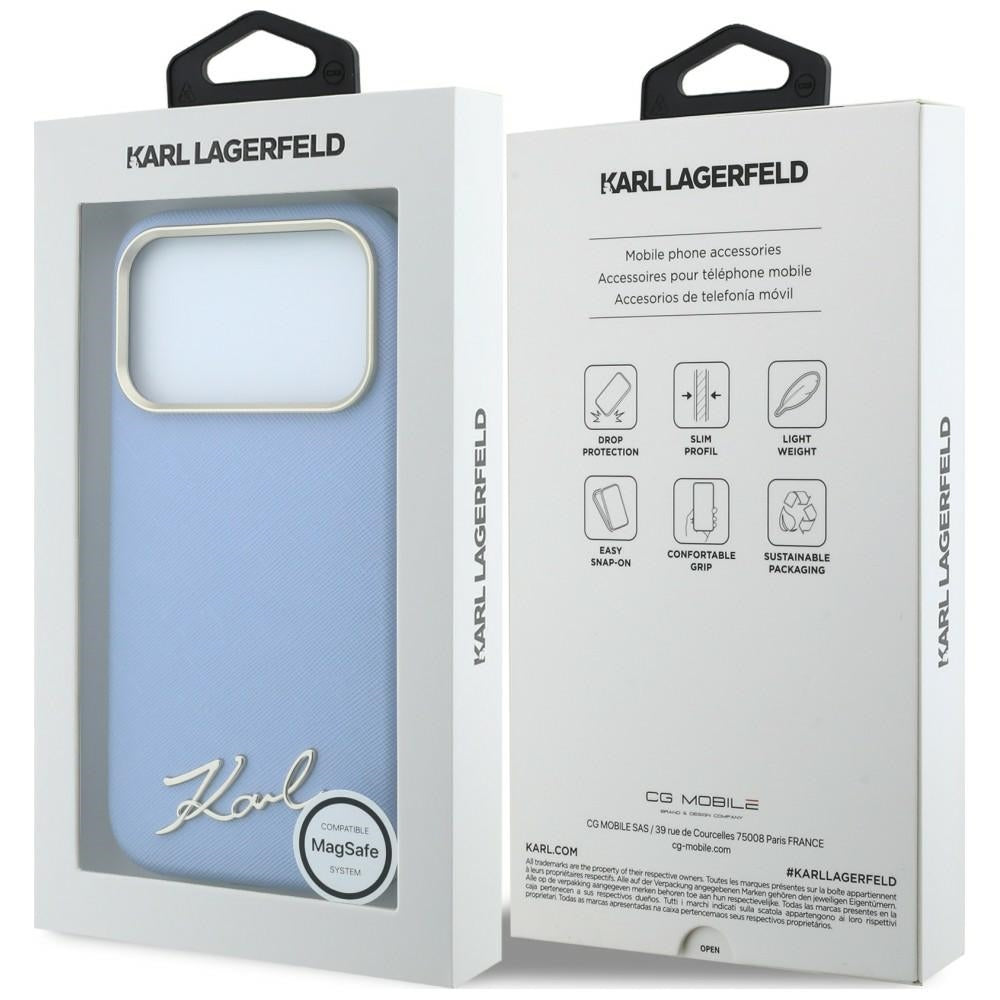 Husa MagSafe pentru Apple iPhone 18 Pro / 17 Pro, Karl Lagerfeld, Saffiano Small Script Metal Logo, Bleu