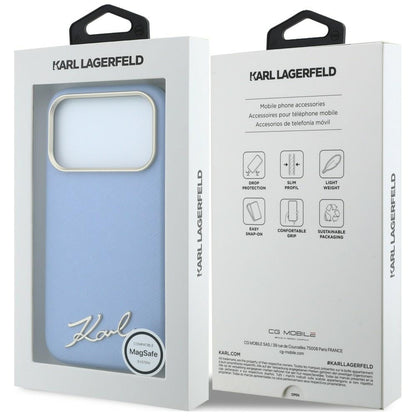 Husa MagSafe pentru Apple iPhone 18 Pro / 17 Pro, Karl Lagerfeld, Saffiano Small Script Metal Logo, Bleu
