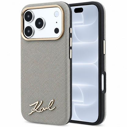 Husa MagSafe pentru Apple iPhone 18 Pro / 17 Pro, Karl Lagerfeld, Saffiano Small Script Metal Logo, Gri Bej