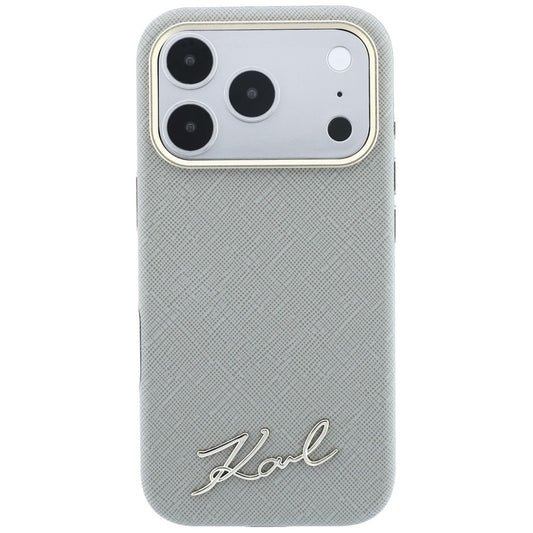 Husa MagSafe pentru Apple iPhone 18 Pro / 17 Pro, Karl Lagerfeld, Saffiano Small Script Metal Logo, Gri Bej
