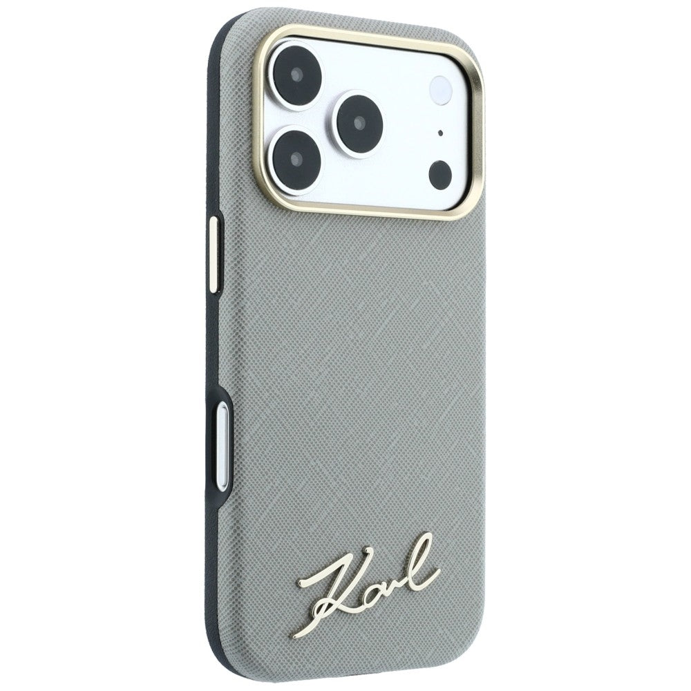 Husa MagSafe pentru Apple iPhone 18 Pro / 17 Pro, Karl Lagerfeld, Saffiano Small Script Metal Logo, Gri Bej