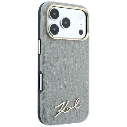 Husa MagSafe pentru Apple iPhone 18 Pro / 17 Pro, Karl Lagerfeld, Saffiano Small Script Metal Logo, Gri Bej