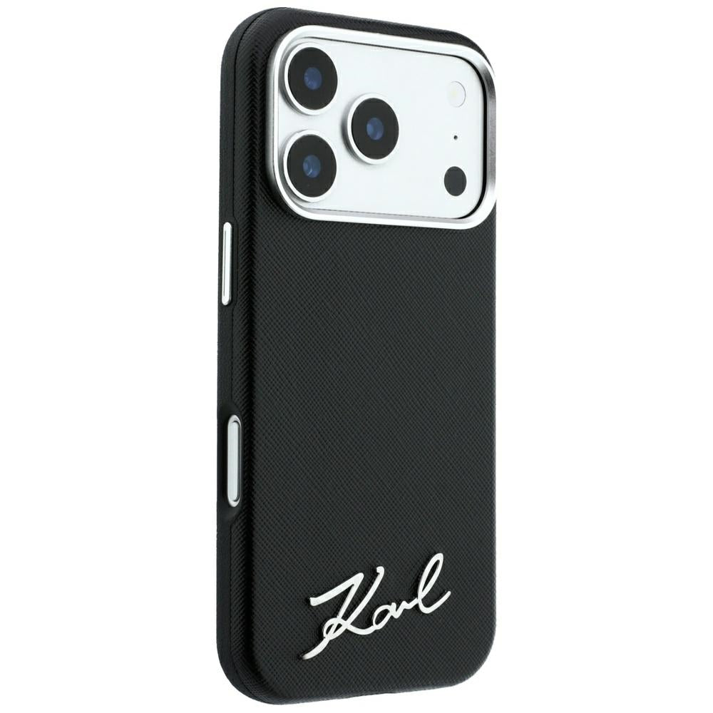 Husa MagSafe pentru Apple iPhone 18 Pro / 17 Pro, Karl Lagerfeld, Saffiano Small Script Metal Logo, Neagra