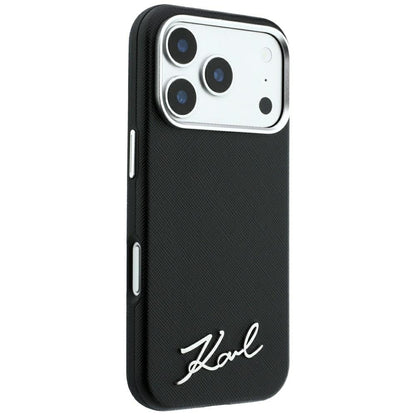 Husa MagSafe pentru Apple iPhone 18 Pro / 17 Pro, Karl Lagerfeld, Saffiano Small Script Metal Logo, Neagra