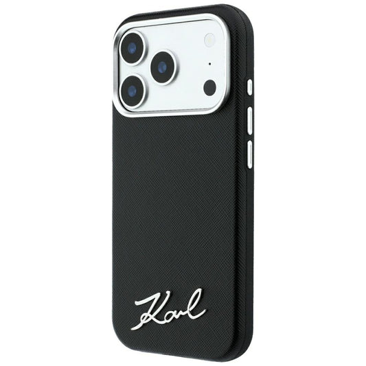 Husa MagSafe pentru Apple iPhone 18 Pro / 17 Pro, Karl Lagerfeld, Saffiano Small Script Metal Logo, Neagra