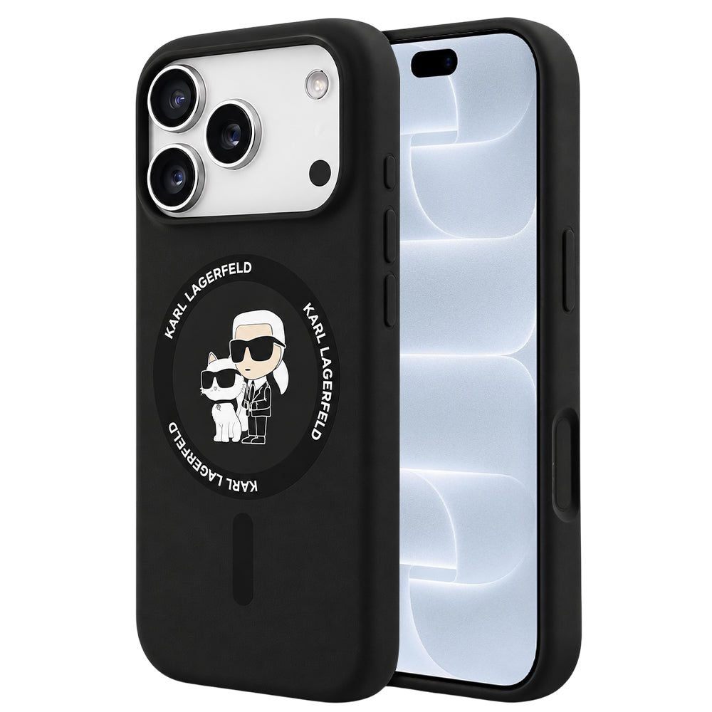 Husa MagSafe pentru Apple iPhone 18 Pro / 17 Pro, Karl Lagerfeld, Silicone Ring Karl & Choupette, Neagra