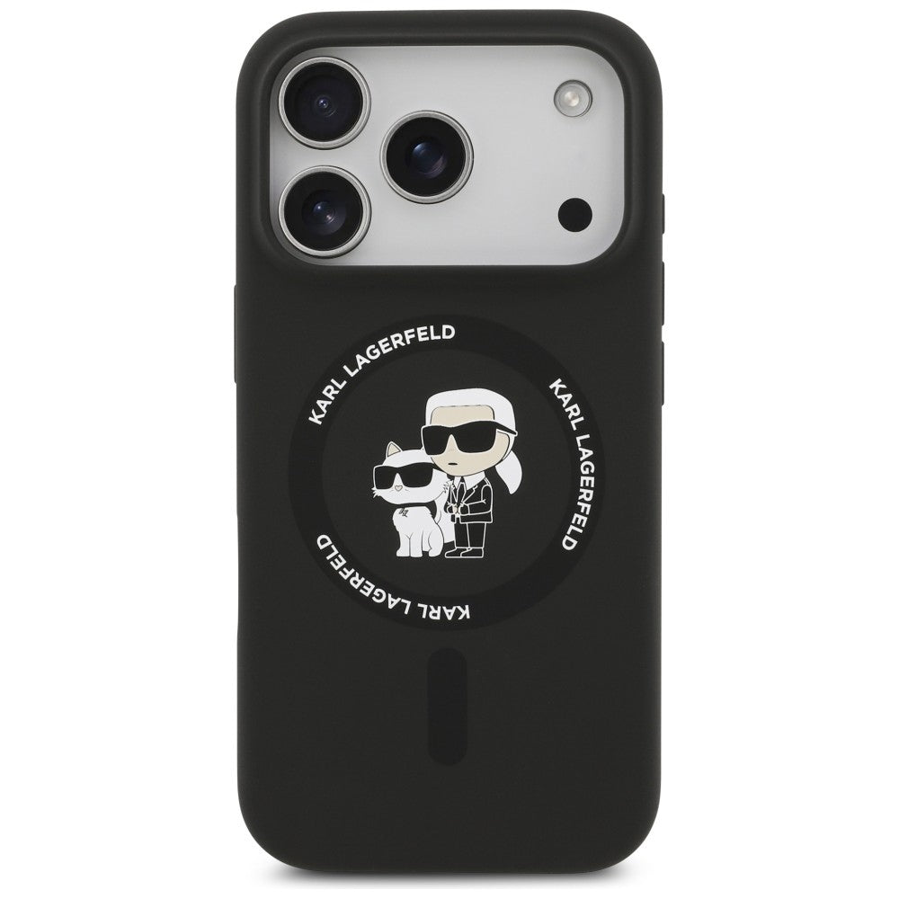 Husa MagSafe pentru Apple iPhone 18 Pro / 17 Pro, Karl Lagerfeld, Silicone Ring Karl & Choupette, Neagra