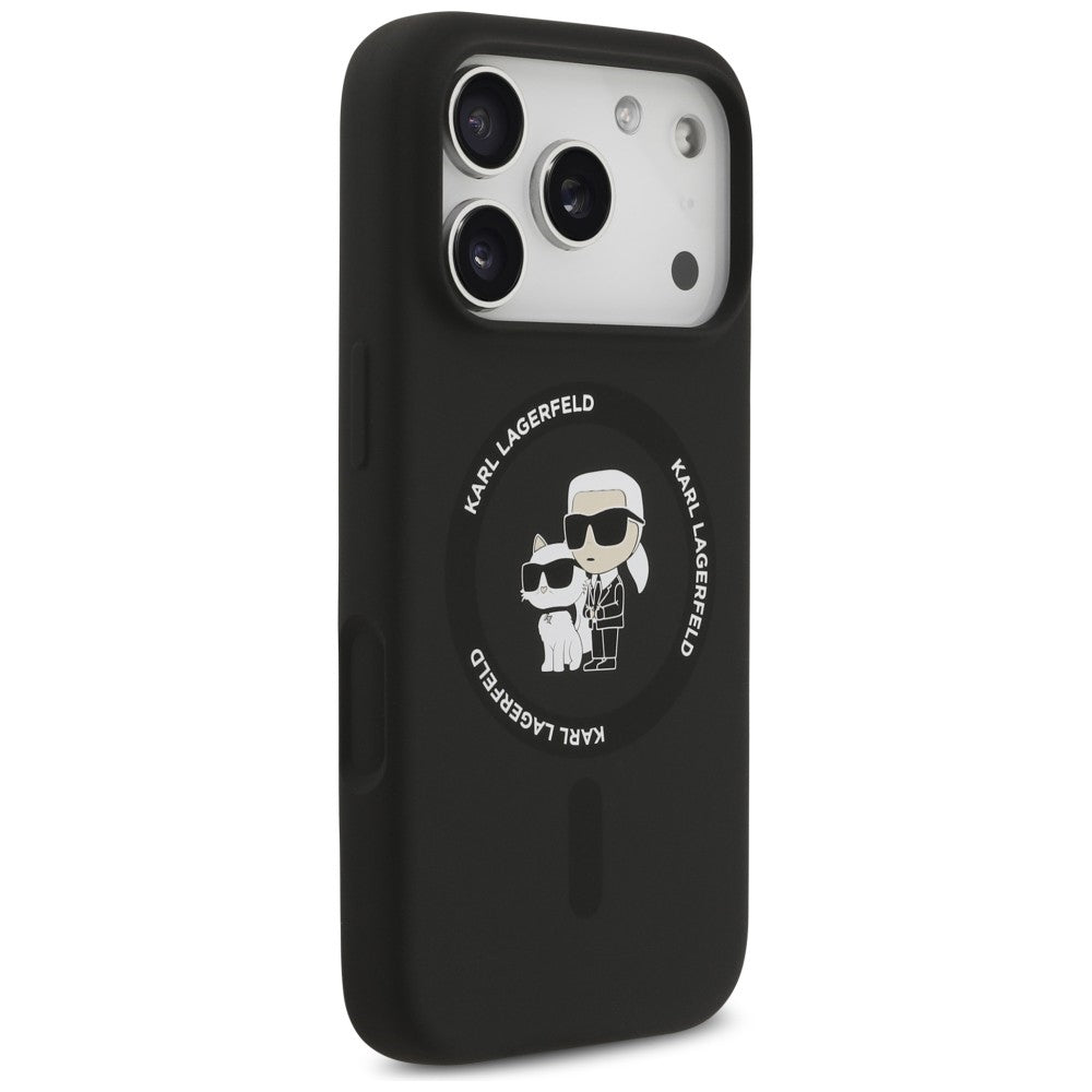 Husa MagSafe pentru Apple iPhone 18 Pro / 17 Pro, Karl Lagerfeld, Silicone Ring Karl & Choupette, Neagra
