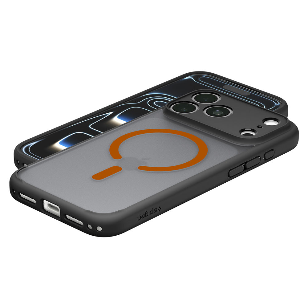 Husa MagSafe pentru Apple iPhone 18 Pro / 17 Pro, Spigen, Ultra Hybrid, Neagra Portocalie Satinata ACS12162