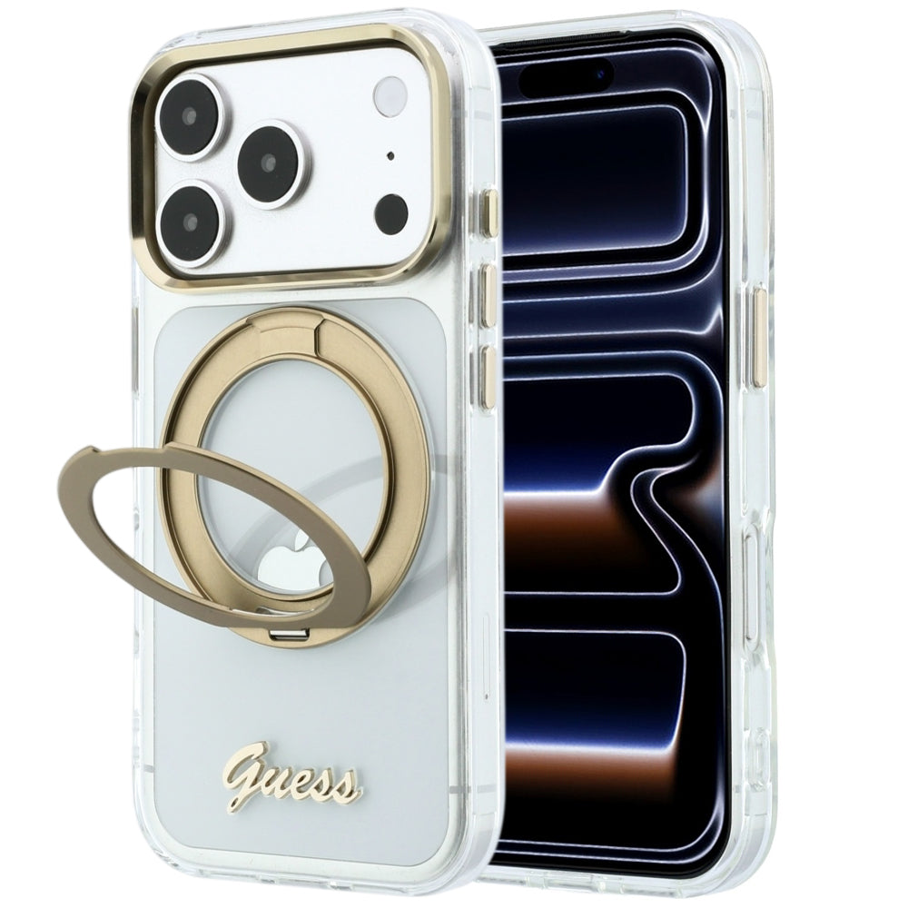 Husa MagSafe pentru Apple iPhone 18 Pro, Guess, Ring Stand Script Metal Logo, Transparenta