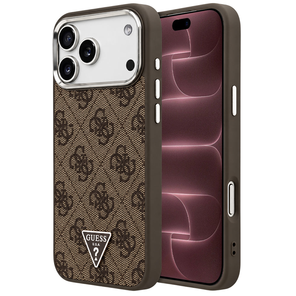 Husa MagSafe pentru Apple iPhone 18 Pro Max / 17 Pro Max, Guess, 4G Triangle Logo, Maro Argintie