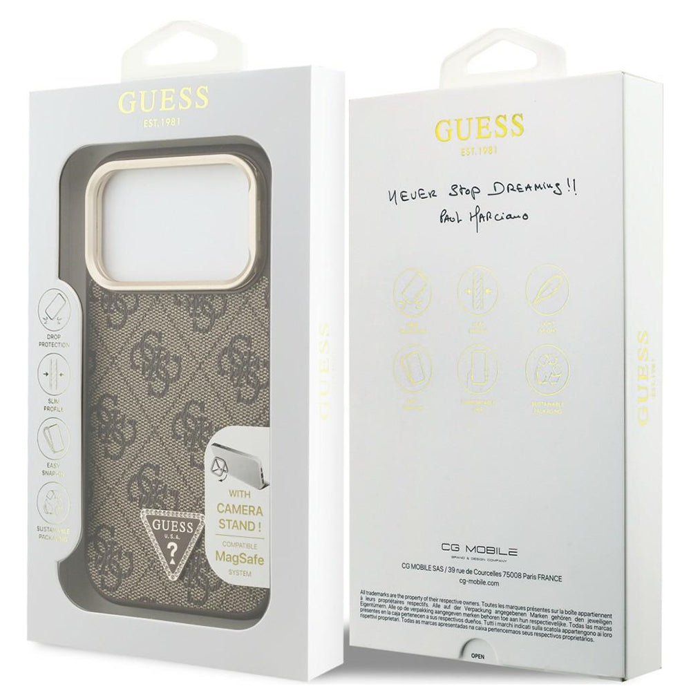Husa MagSafe pentru Apple iPhone 18 Pro Max / 17 Pro Max, Guess, 4G Triangle Logo & Stand Camera, Maro