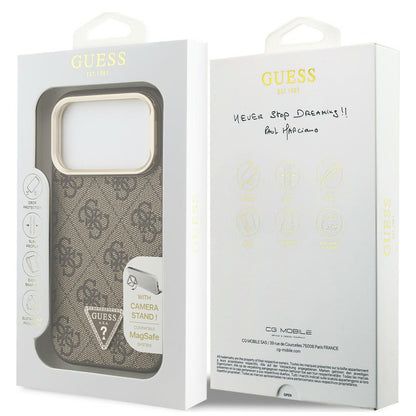 Husa MagSafe pentru Apple iPhone 18 Pro Max / 17 Pro Max, Guess, 4G Triangle Logo & Stand Camera, Maro