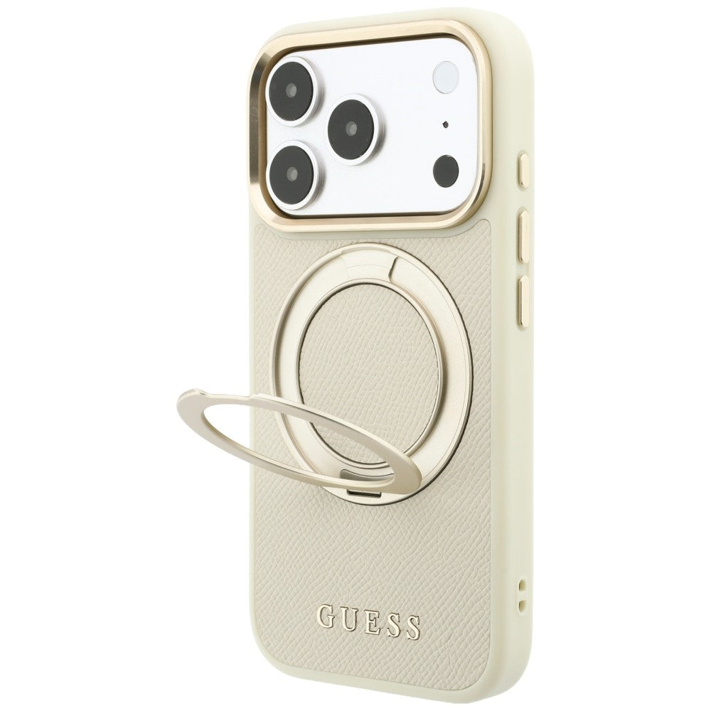 Husa MagSafe pentru Apple iPhone 18 Pro Max / 17 Pro Max, Guess, Grained Ring Stand 360 Classic, Bej
