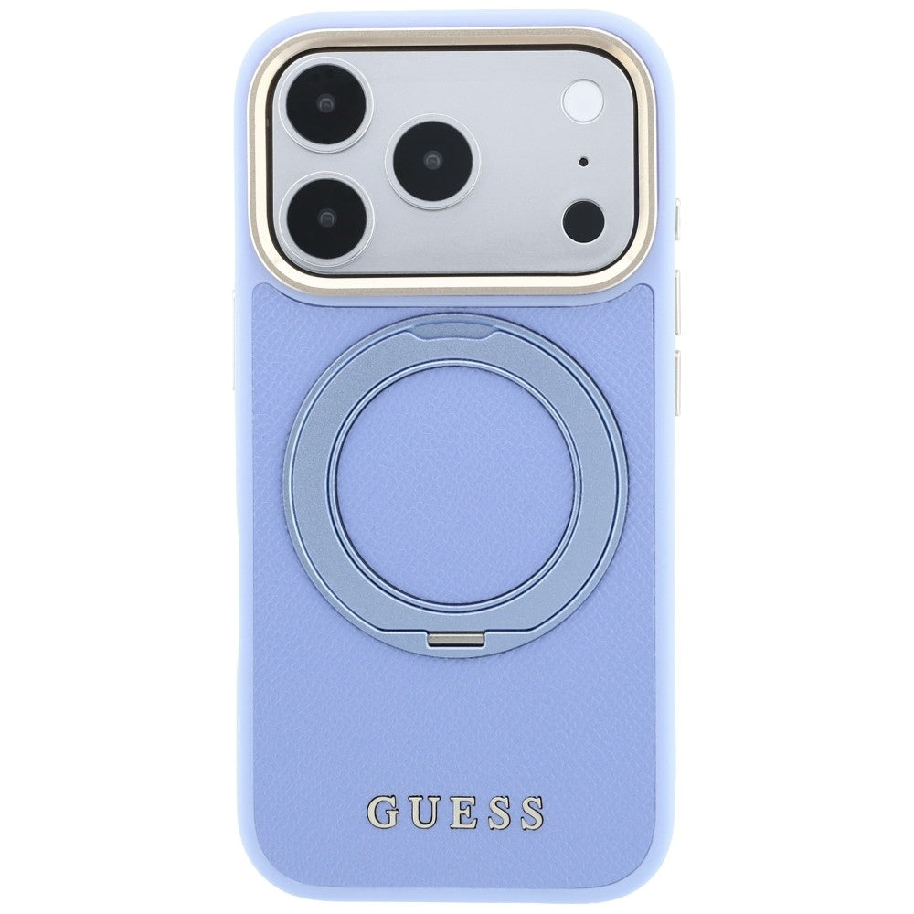Husa MagSafe pentru Apple iPhone 18 Pro Max / 17 Pro Max, Guess, Grained Ring Stand 360 Classic, Bleu