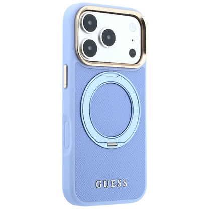 Husa MagSafe pentru Apple iPhone 18 Pro Max / 17 Pro Max, Guess, Grained Ring Stand 360 Classic, Bleu