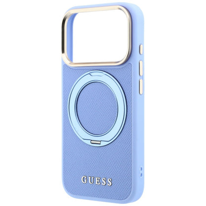 Husa MagSafe pentru Apple iPhone 18 Pro Max / 17 Pro Max, Guess, Grained Ring Stand 360 Classic, Bleu