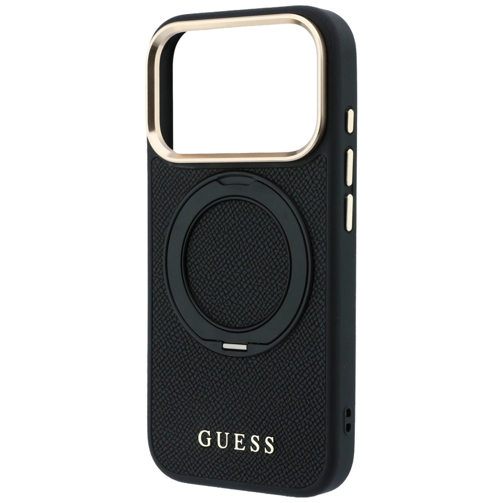 Husa MagSafe pentru Apple iPhone 18 Pro Max / 17 Pro Max, Guess, Grained Ring Stand 360 Classic, Neagra