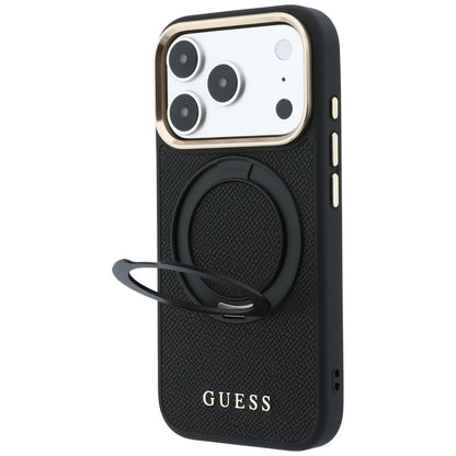 Husa MagSafe pentru Apple iPhone 18 Pro Max / 17 Pro Max, Guess, Grained Ring Stand 360 Classic, Neagra