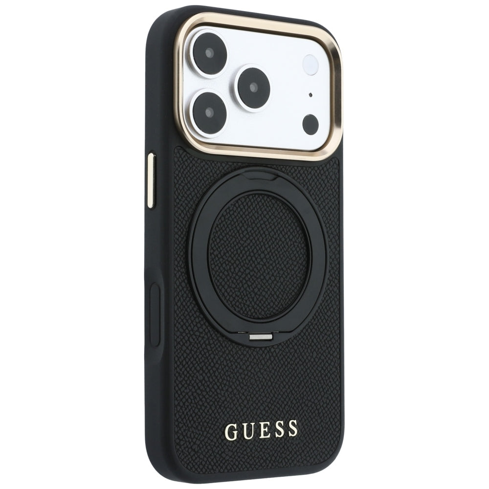 Husa MagSafe pentru Apple iPhone 18 Pro Max / 17 Pro Max, Guess, Grained Ring Stand 360 Classic, Neagra