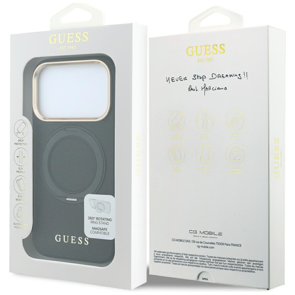 Husa MagSafe pentru Apple iPhone 18 Pro Max / 17 Pro Max, Guess, Grained Ring Stand 360 Classic, Neagra
