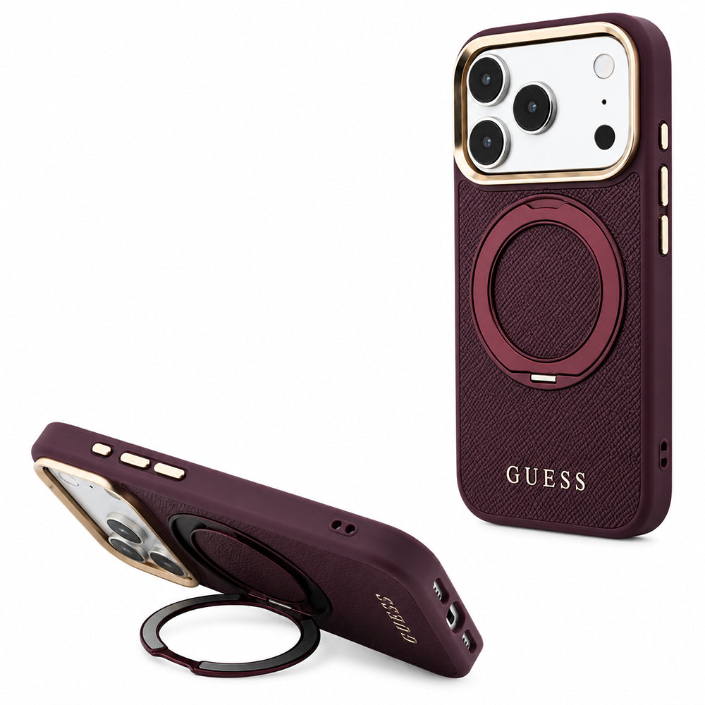 Husa MagSafe pentru Apple iPhone 18 Pro Max / 17 Pro Max, Guess, Grained Ring Stand 360 Classic, Visinie