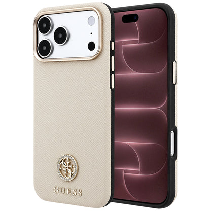 Husa MagSafe pentru Apple iPhone 18 Pro Max / 17 Pro Max, Guess, Grained Round Strass Logo, Bej