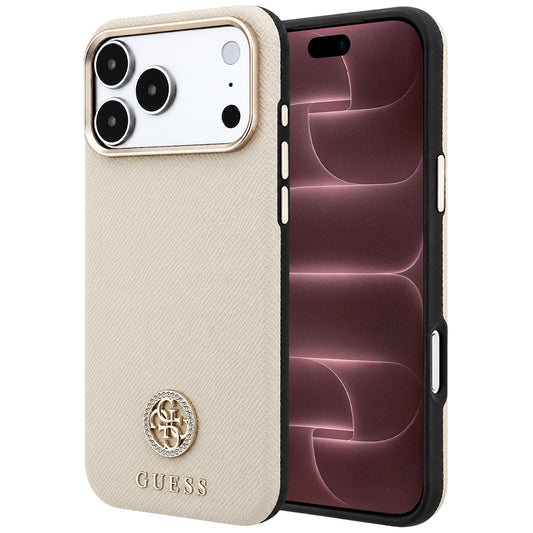 Husa MagSafe pentru Apple iPhone 18 Pro Max / 17 Pro Max, Guess, Grained Round Strass Logo, Bej