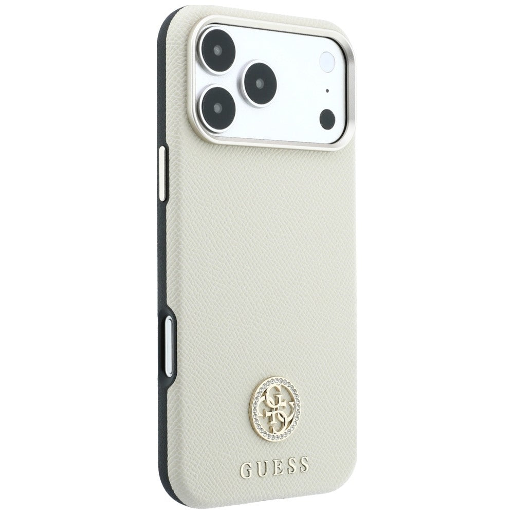 Husa MagSafe pentru Apple iPhone 18 Pro Max / 17 Pro Max, Guess, Grained Round Strass Logo, Bej