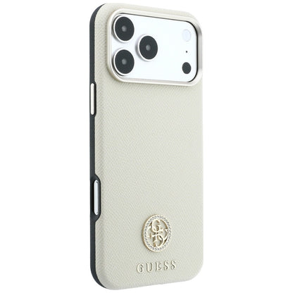 Husa MagSafe pentru Apple iPhone 18 Pro Max / 17 Pro Max, Guess, Grained Round Strass Logo, Bej