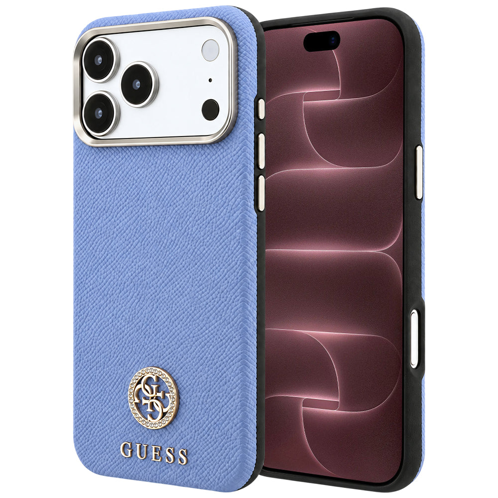 Husa MagSafe pentru Apple iPhone 18 Pro Max / 17 Pro Max, Guess, Grained Round Strass Logo, Bleu