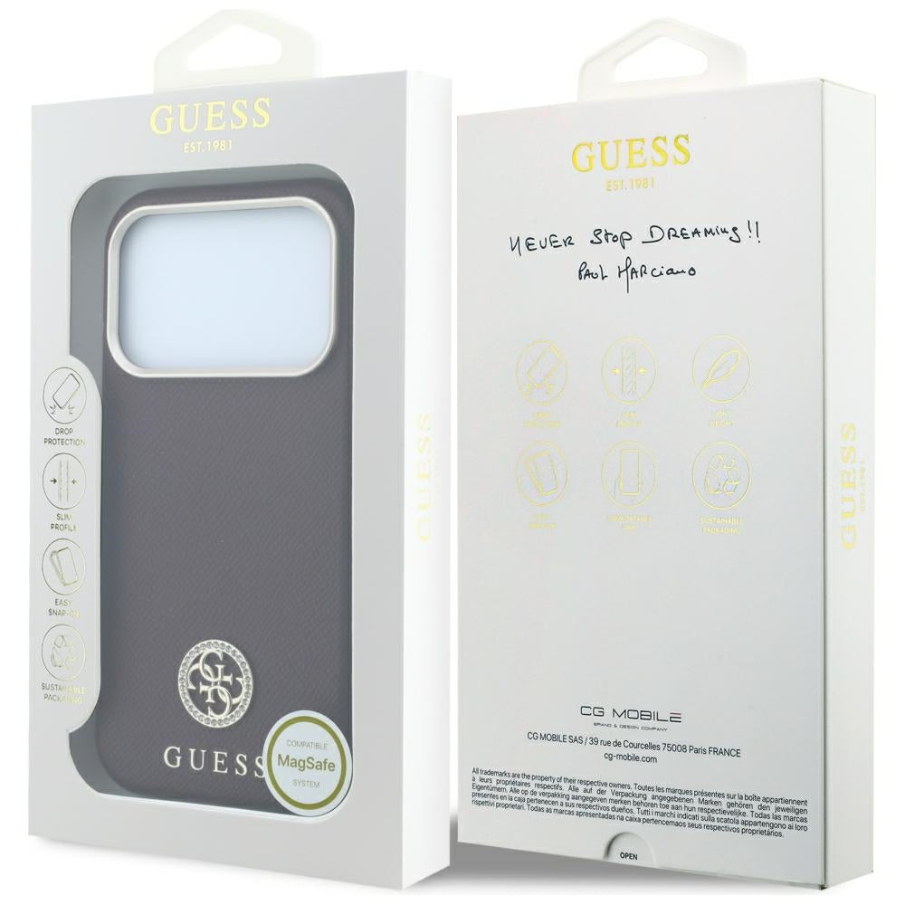 Husa MagSafe pentru Apple iPhone 18 Pro Max / 17 Pro Max, Guess, Grained Round Strass Logo, Visinie