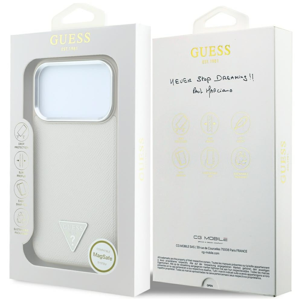 Husa MagSafe pentru Apple iPhone 18 Pro Max / 17 Pro Max, Guess, Grained Triangle Logo, Bej