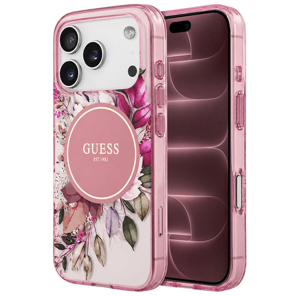 Husa MagSafe pentru Apple iPhone 18 Pro Max / 17 Pro Max, Guess, IML Flower & Tonal Circle, Roz