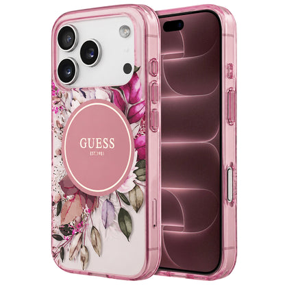 Husa MagSafe pentru Apple iPhone 18 Pro Max / 17 Pro Max, Guess, IML Flower & Tonal Circle, Roz
