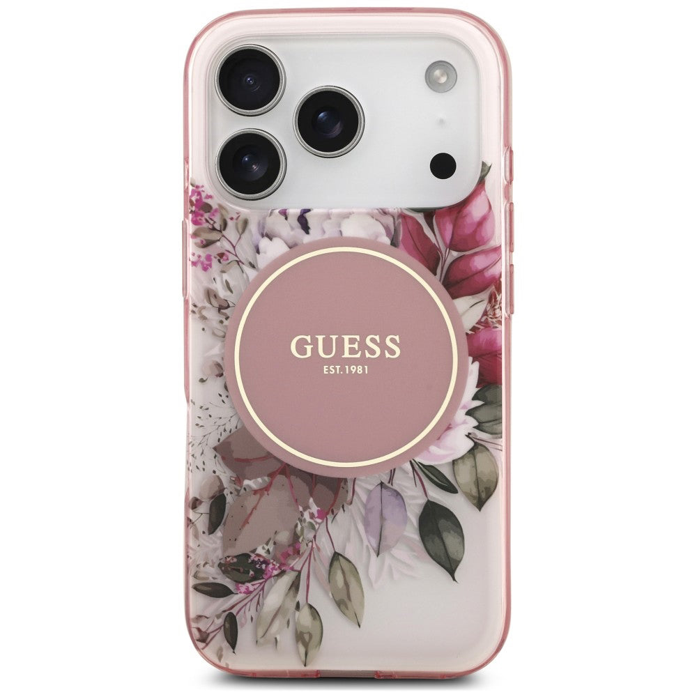 Husa MagSafe pentru Apple iPhone 18 Pro Max / 17 Pro Max, Guess, IML Flower & Tonal Circle, Roz