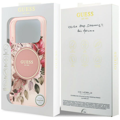 Husa MagSafe pentru Apple iPhone 18 Pro Max / 17 Pro Max, Guess, IML Flower & Tonal Circle, Roz