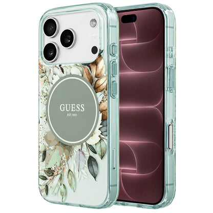 Husa MagSafe pentru Apple iPhone 18 Pro Max / 17 Pro Max, Guess, IML Flower & Tonal Circle, Verde