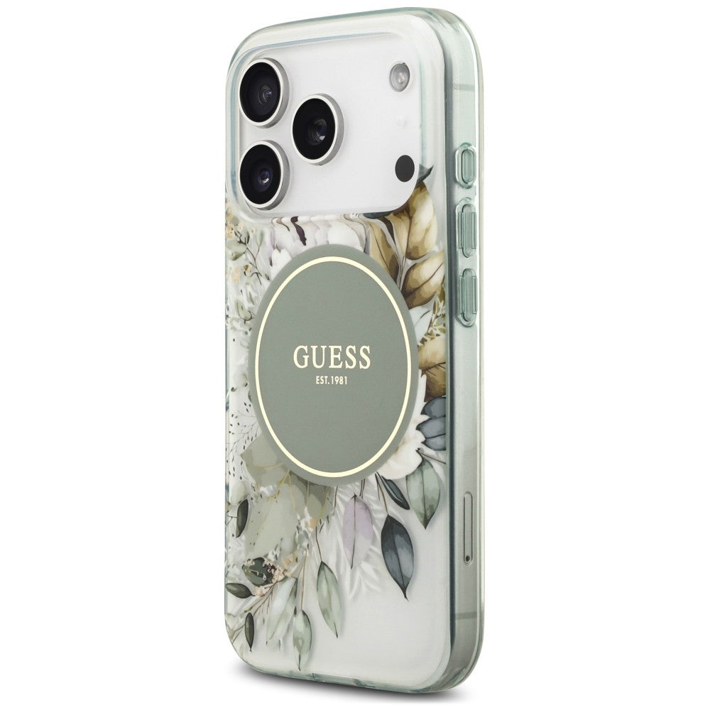 Husa MagSafe pentru Apple iPhone 18 Pro Max / 17 Pro Max, Guess, IML Flower & Tonal Circle, Verde