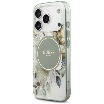 Husa MagSafe pentru Apple iPhone 18 Pro Max / 17 Pro Max, Guess, IML Flower & Tonal Circle, Verde