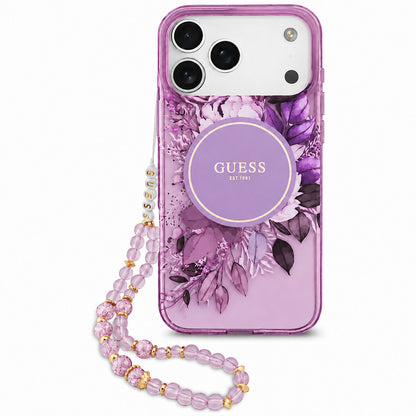 Husa MagSafe pentru Apple iPhone 18 Pro Max / 17 Pro Max, Guess, IML Flowers with Pearl Strap, Mov