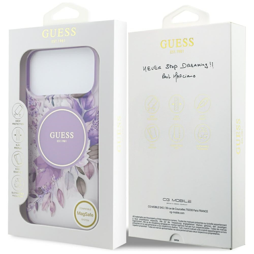 Husa MagSafe pentru Apple iPhone 18 Pro Max / 17 Pro Max, Guess, IML Flowers with Pearl Strap, Mov